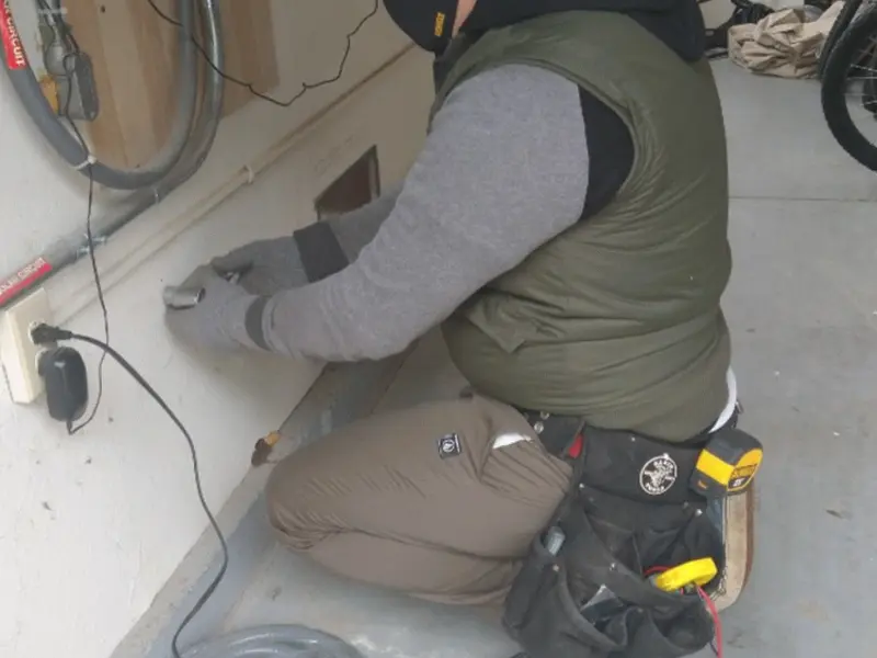 Electrician performing outlet wiring in a Peshtigo garage